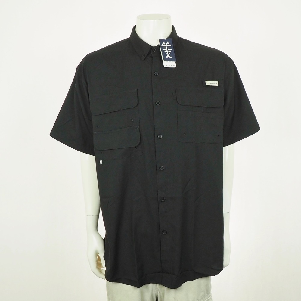 New Bassdash Fishing Gear Button Down Shirt Mens XL Black Vented Pockets Camp